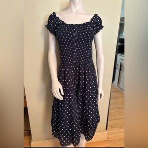 imPRESS Navy & White Polka Dot Smocked Midi Dress
